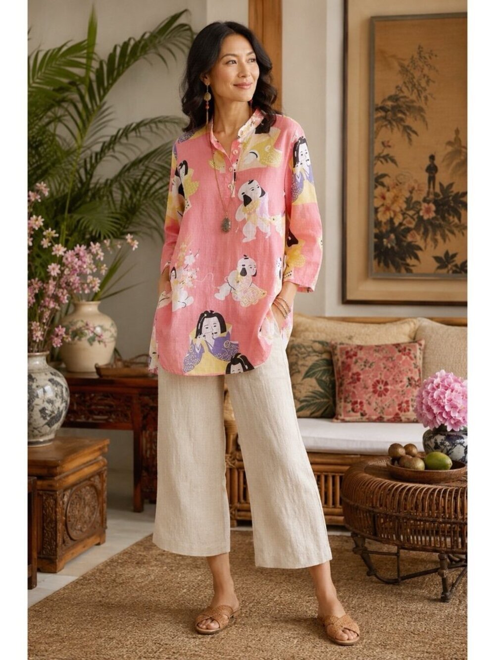 Citron Linen Tunic Top Womens Sz Small Pink Asian Art Kimono Print Boho Blouse